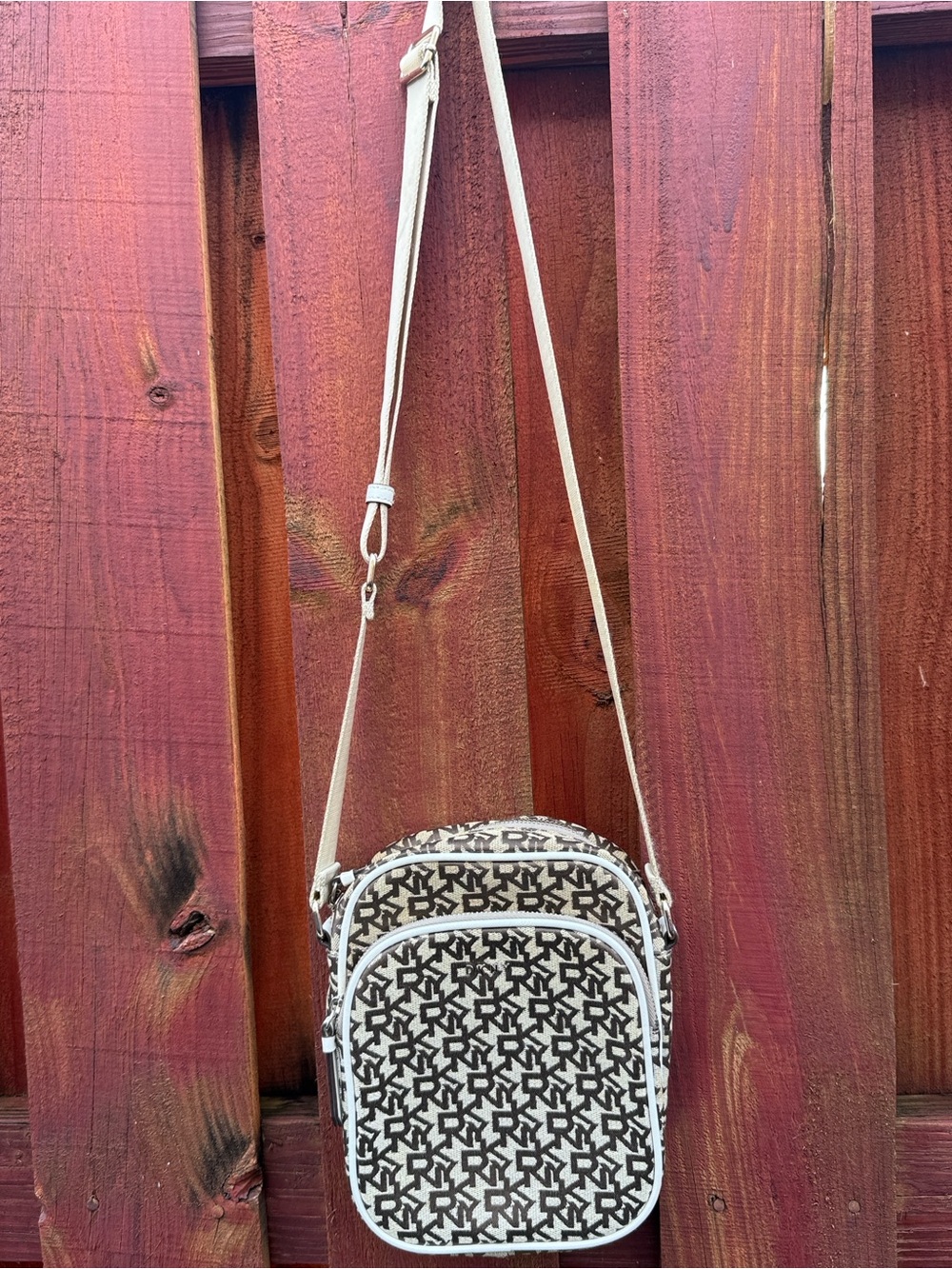 DKNY Elissa Brown Jacquard Monogram Crossbody Bag Camera Bag White Trim